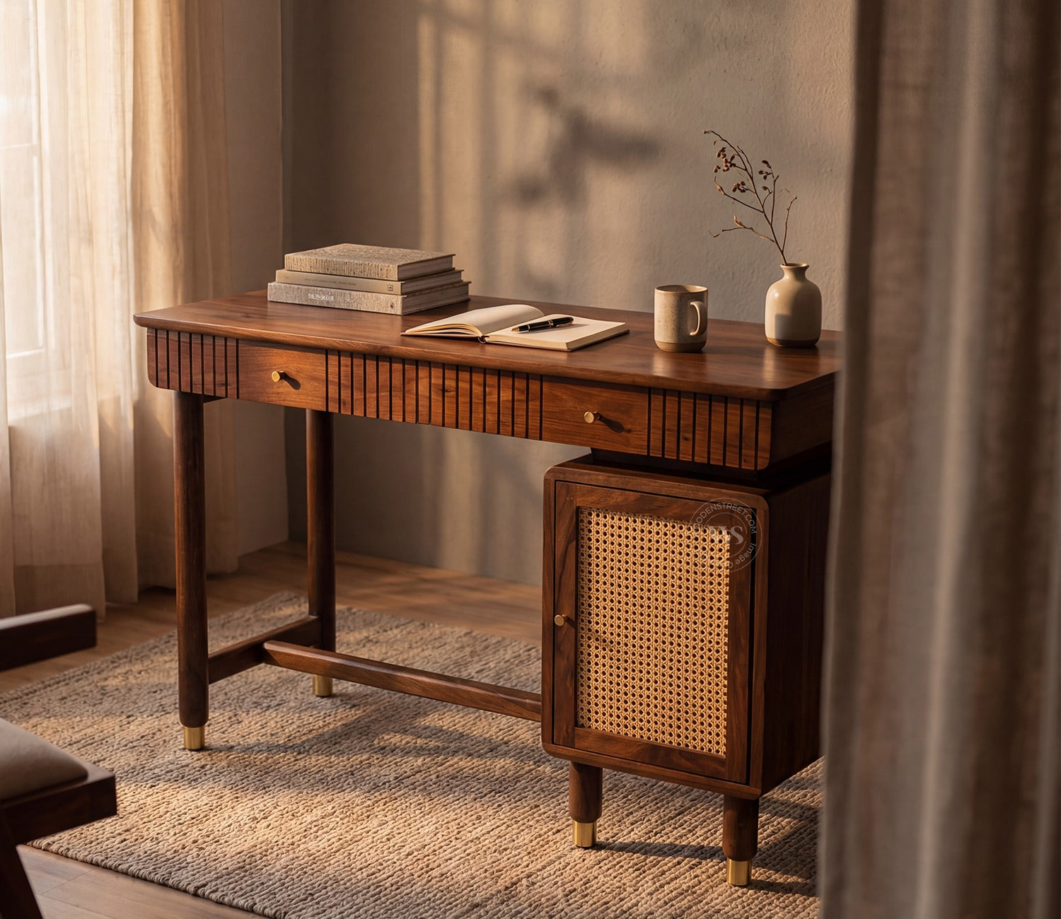 Kalam Modern Designer Sheesham Wood Study Table with Cane Accents & Drawer Storage (Teak Finish)