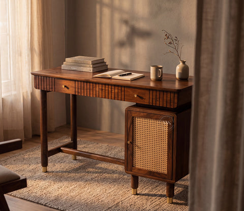 Kalam Modern Designer Sheesham Wood Study Table with Cane Accents & Drawer Storage (Teak Finish)