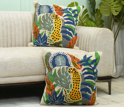 Leopard Printed Multicolor Cotton Hand Woven Set of 1 Cushion Cover (20 x 20 Inch)