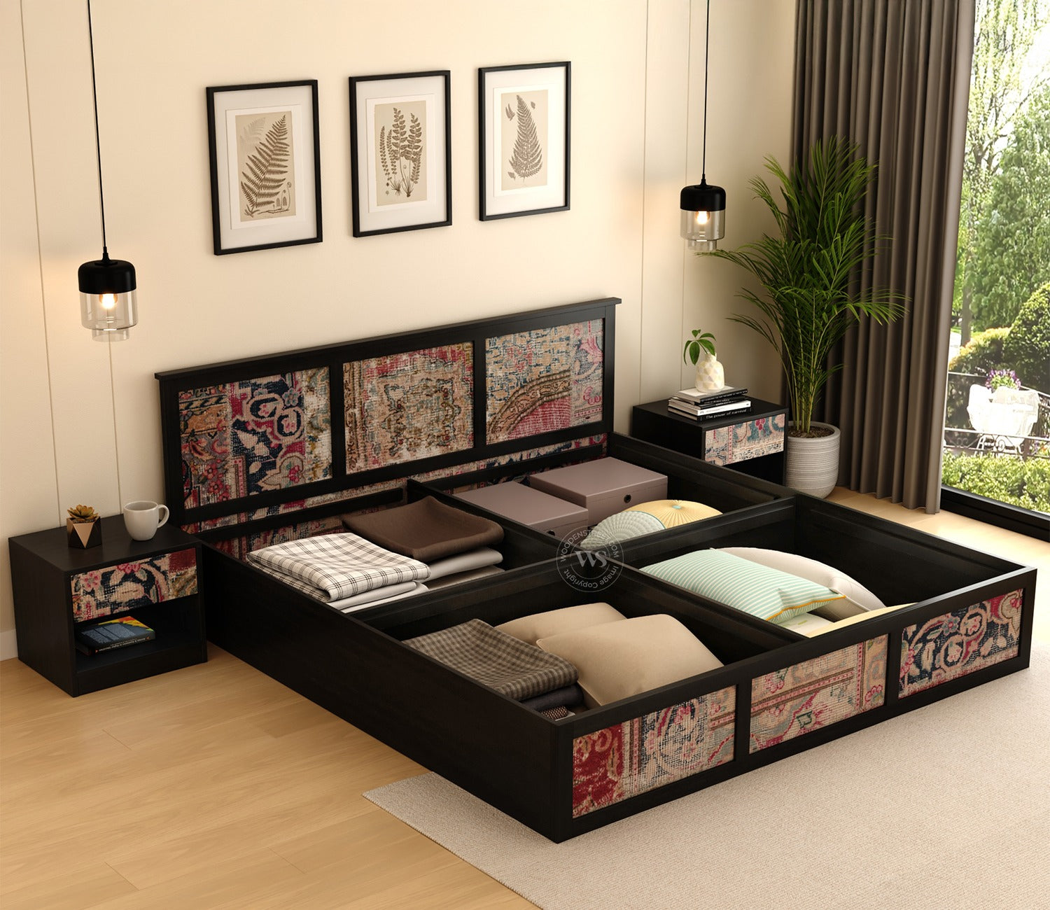 Orren Engineered Wood Bed with Laminated Textured Headboard & Footboard with Box Storage (Queen Size, Patchwork Multi)