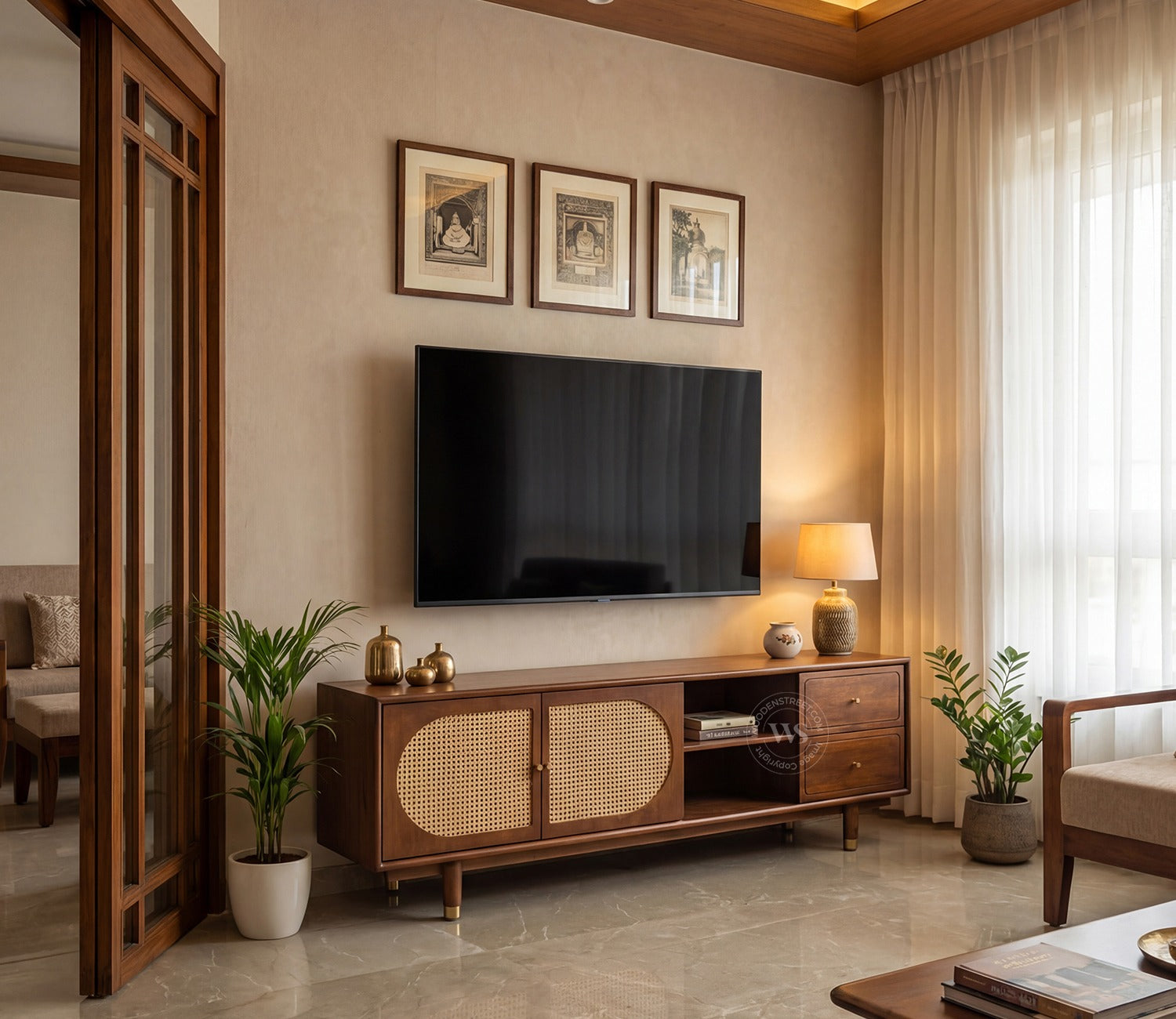 Gyana Premium Solid Wood TV Unit with Cane Panel Cabinet (Mango Wood, Teak Finish)