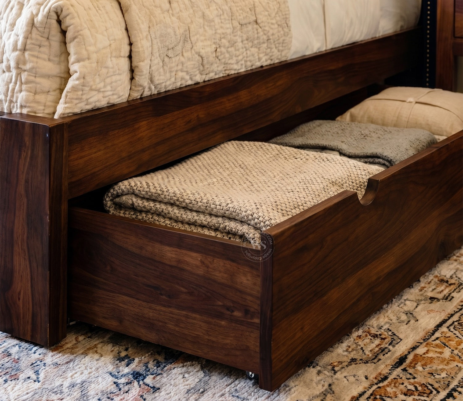 Drewno Sheesham Wood Upholstered Bed With Storage (Queen Size, Indigo Blue)