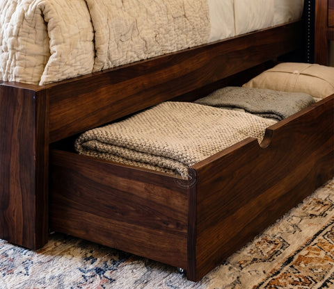 Drewno Sheesham Wood Upholstered Bed With Storage (Queen Size, Indigo Blue)