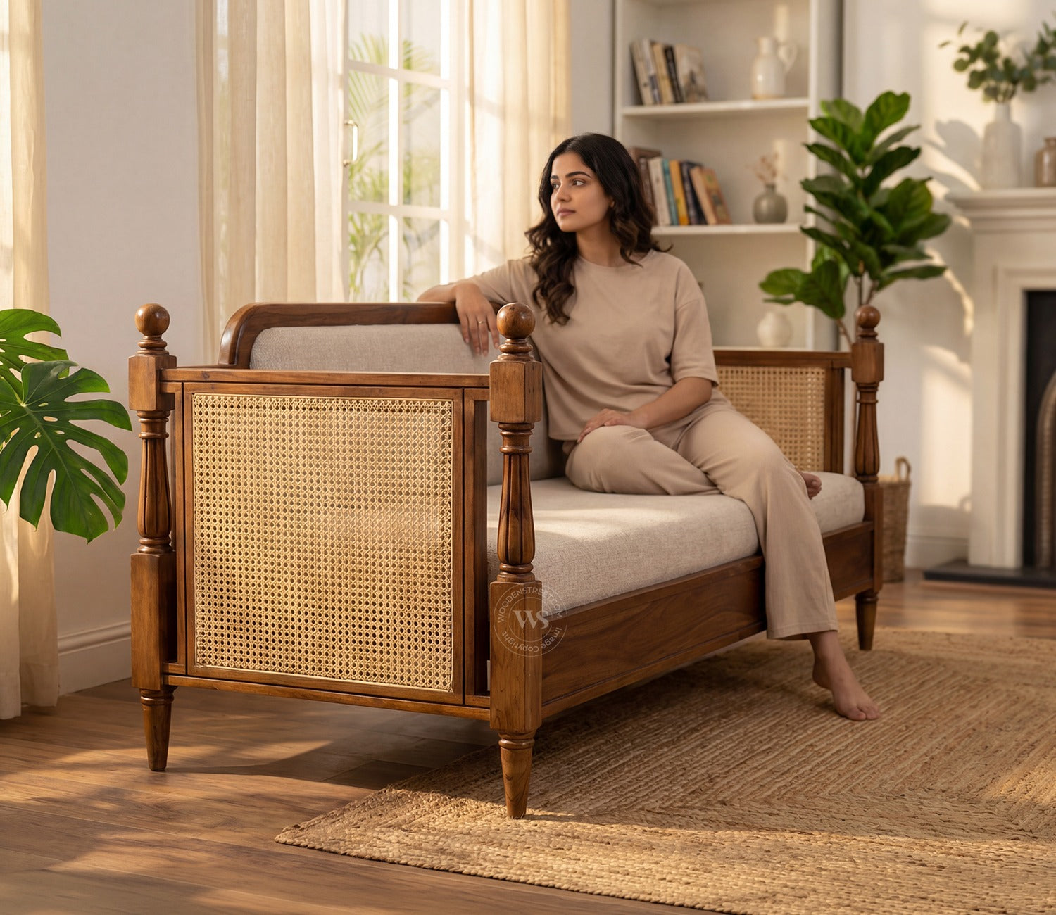 Dyuti Sheesham Wood and Cane Divan Bed with Jade Ivory Mattress (Teak Finish)