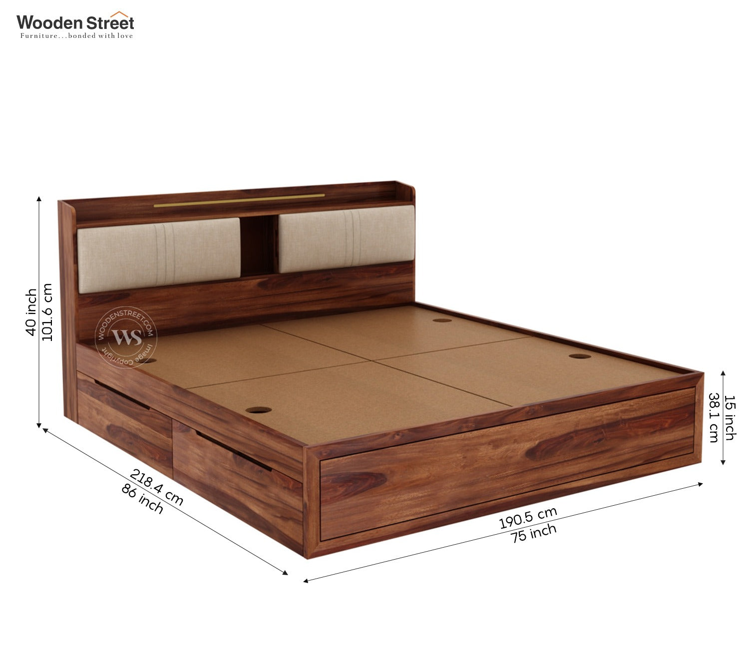Wildon Premium Sheesham Wood Bed with Cushioned Headboard and Drawer Storage (King Size, Teak Finish)
