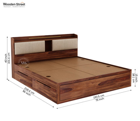 Wildon Premium Sheesham Wood Bed with Cushioned Headboard and Drawer Storage (King Size, Teak Finish)