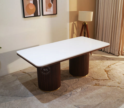 Saumik 6 Seater Sheesham Wood Dining Table with Marble Top (Teak Finish)