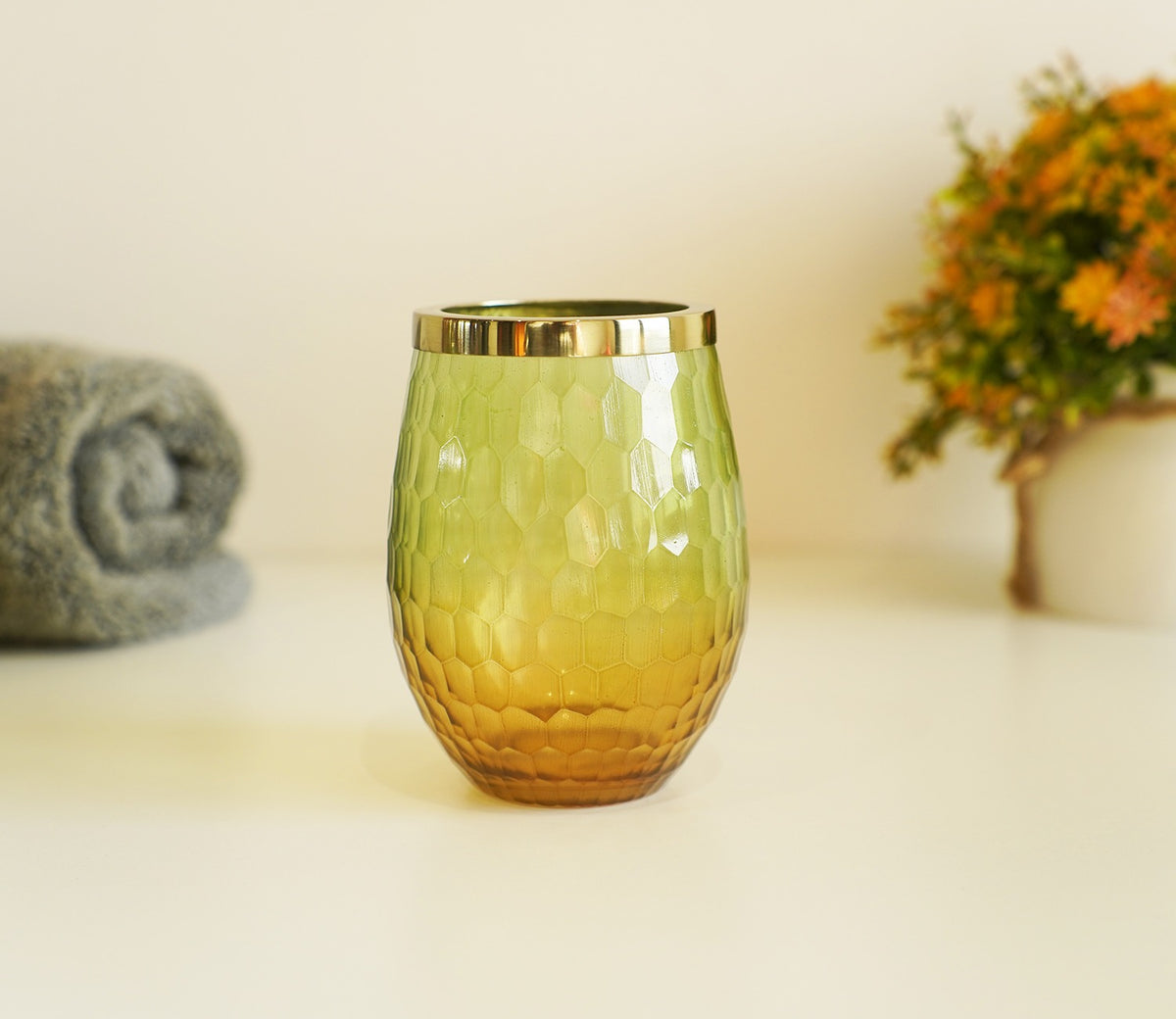 Sorrel Shady Green and Gold Glass Toothbrush Holder