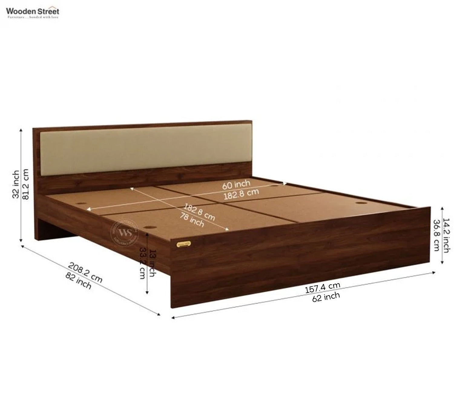 Clemency Bed with Cushioned Headboard Without Storage (Queen Size, Columbian Walnut Finish)