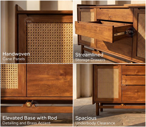 Ishana Mango Wood Designer Cabinet with Cane Detailing (Teak Finish)