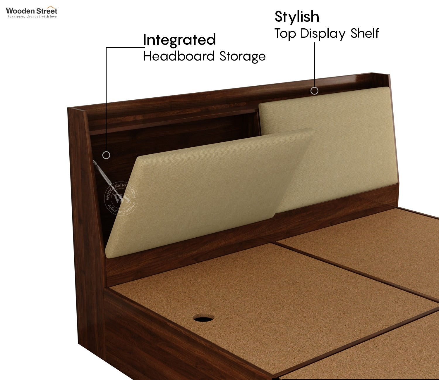 Calmora Engineered Wood Bed with Upholstered Headboard and Spacious Box Storage (King Size, Columbian Walnut Finish)