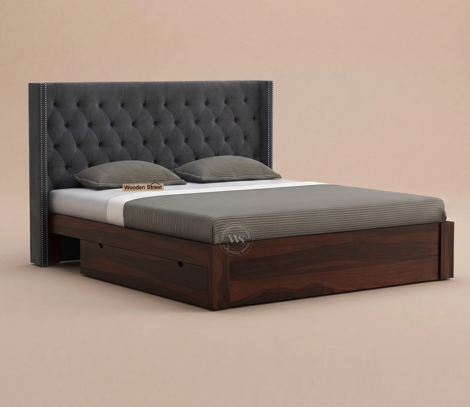 Drewno Sheesham Wood Upholstered Bed With Storage (King Size, Graphite Grey)