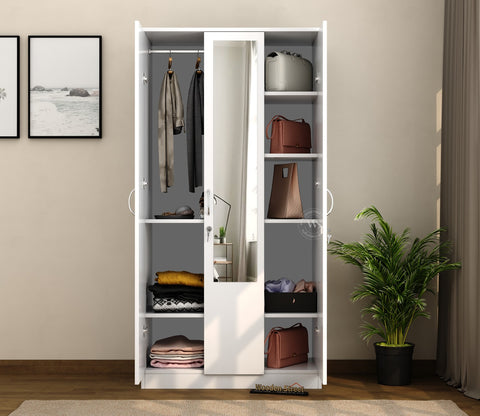 Kayden 3 Door Multi Utility Wardrobe With Hanging Rod & Mirror (Frosty White Finish)