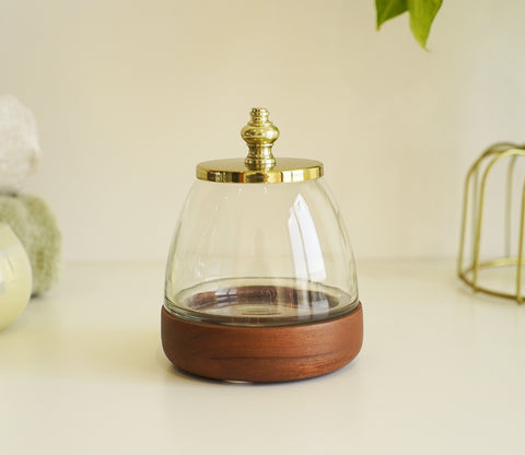 Taya Designer Glass With Wood Cotton Jar