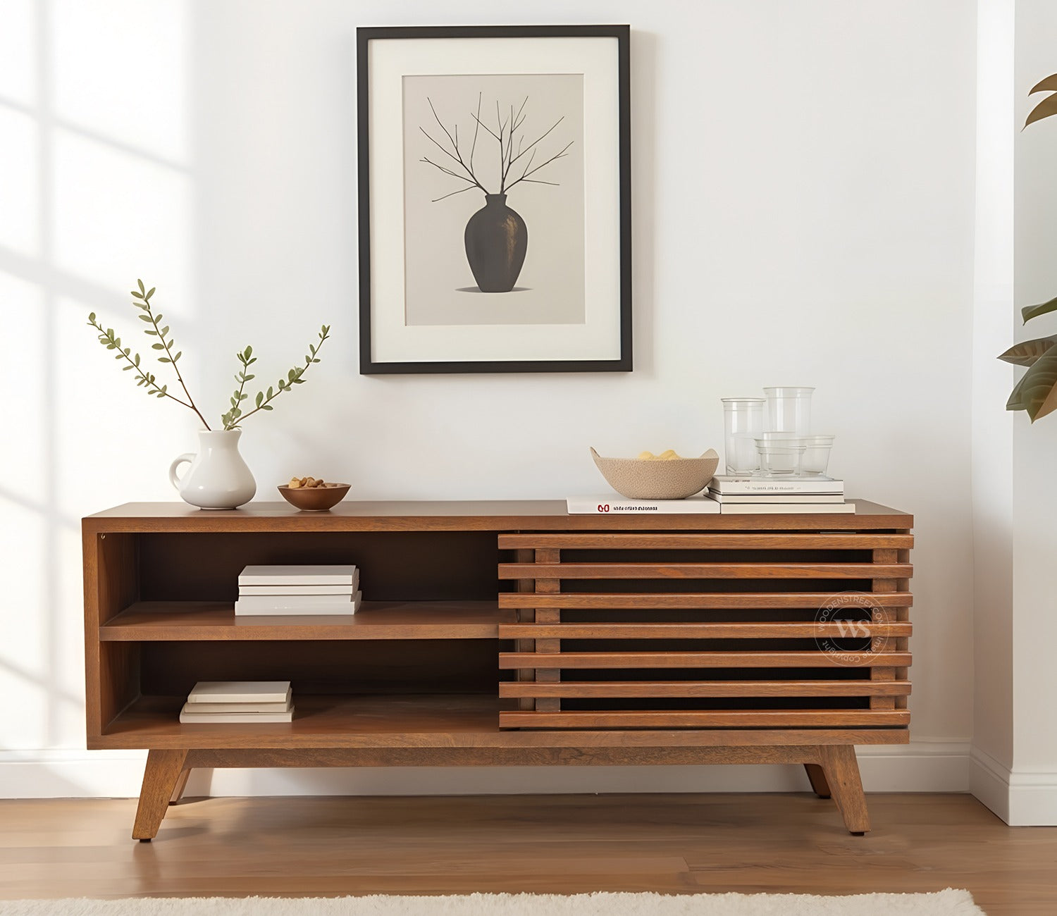Axcel Mango Wood TV Unit with Pull-Down Drawer & Open Shelves (Teak Finish)