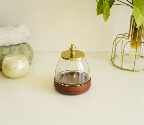 Taya Designer Glass With Wood Cotton Jar