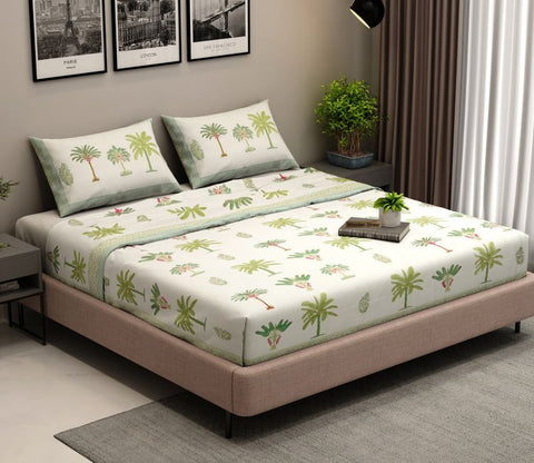 200 TC Leafy Impression Percale Cotton Bedsheet King Size With 2 Pillow Cover