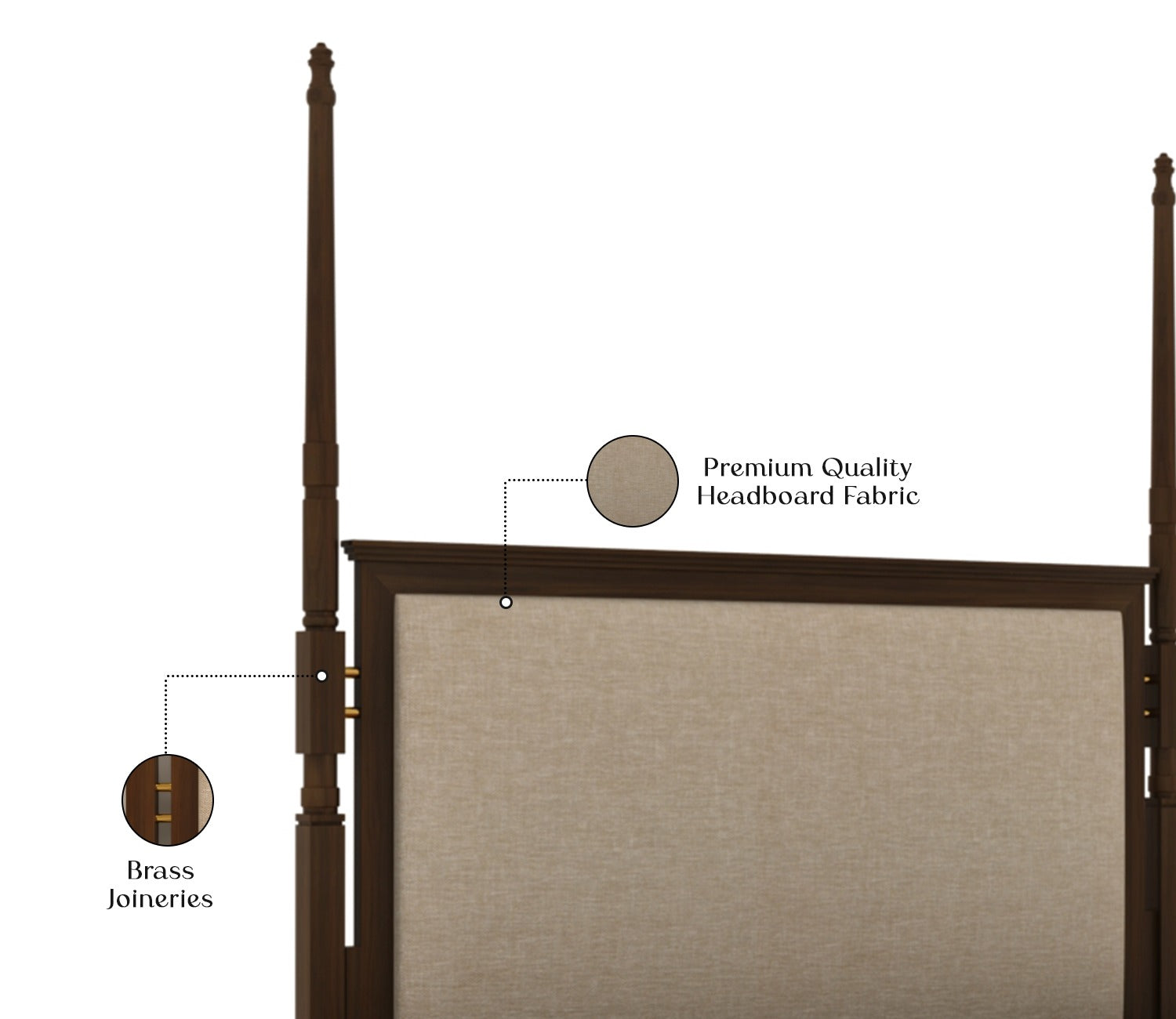 Regal Ash Wood Upholstered Poster Bed Without Storage (King Size, Teak Finish)
