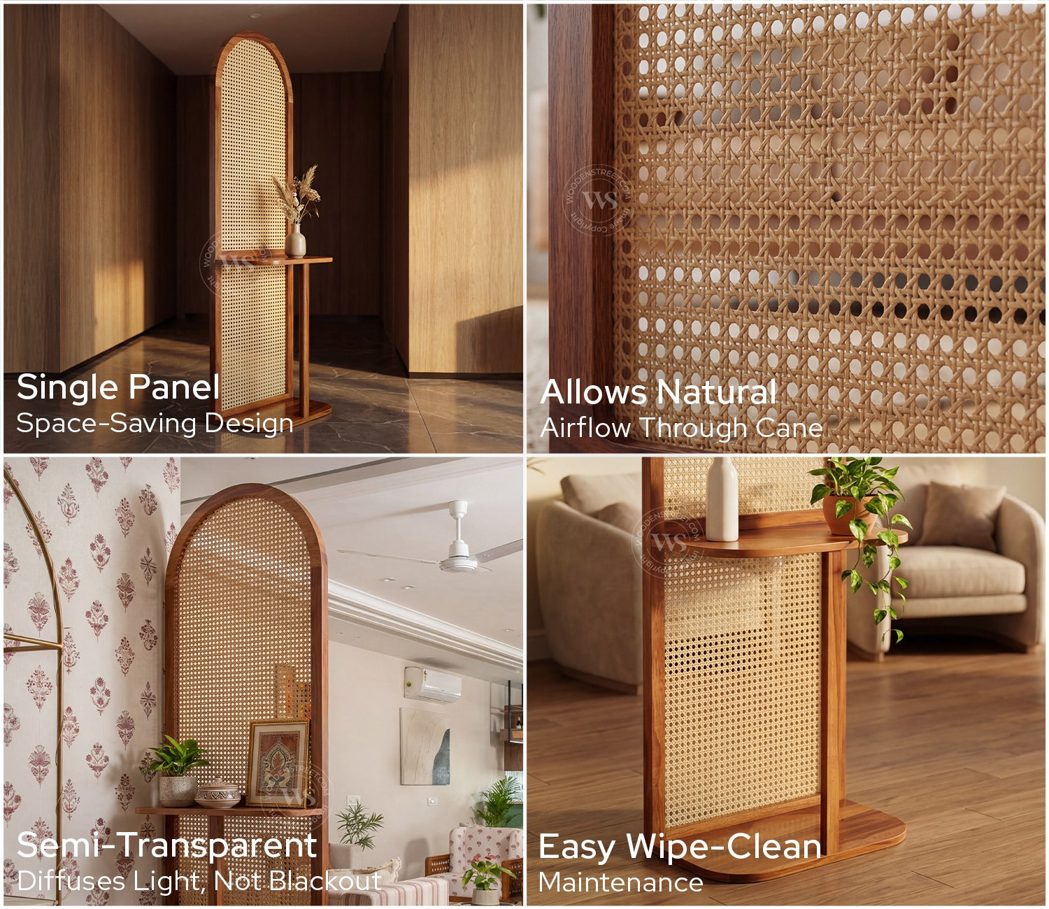 Aakruti Arch Sheesham Wood Single Panel Room Divider with Cane Weave & Open Shelf - Freestanding Partition Screen