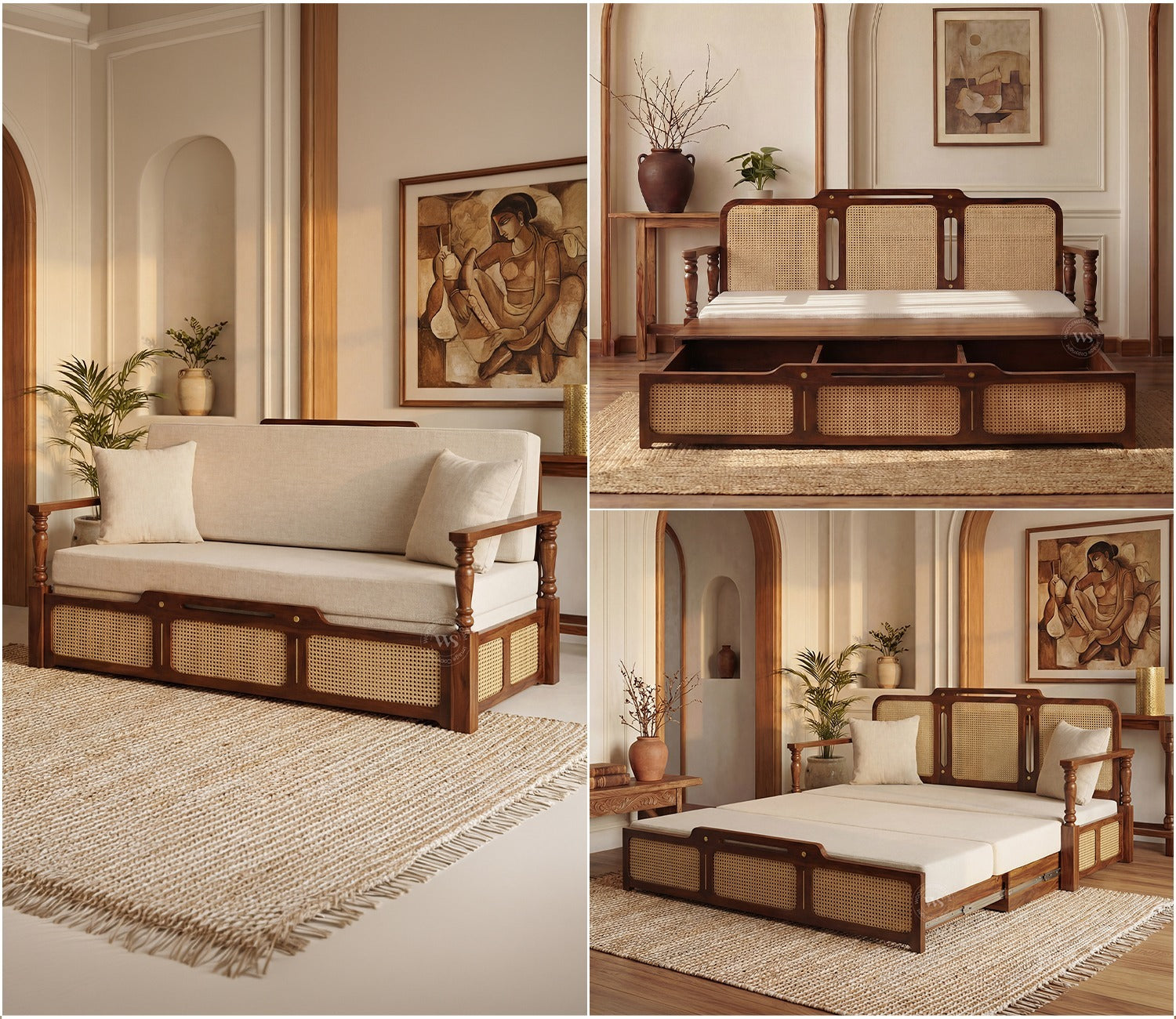Ayaana Sheesham Wood 3 Seater Sofa Cum Bed with Cane Weaving | Opens to Double Bed (78x62) | Premium Upholstery | Sleeps 2 Adults (Teak Finish, Jade Ivory)