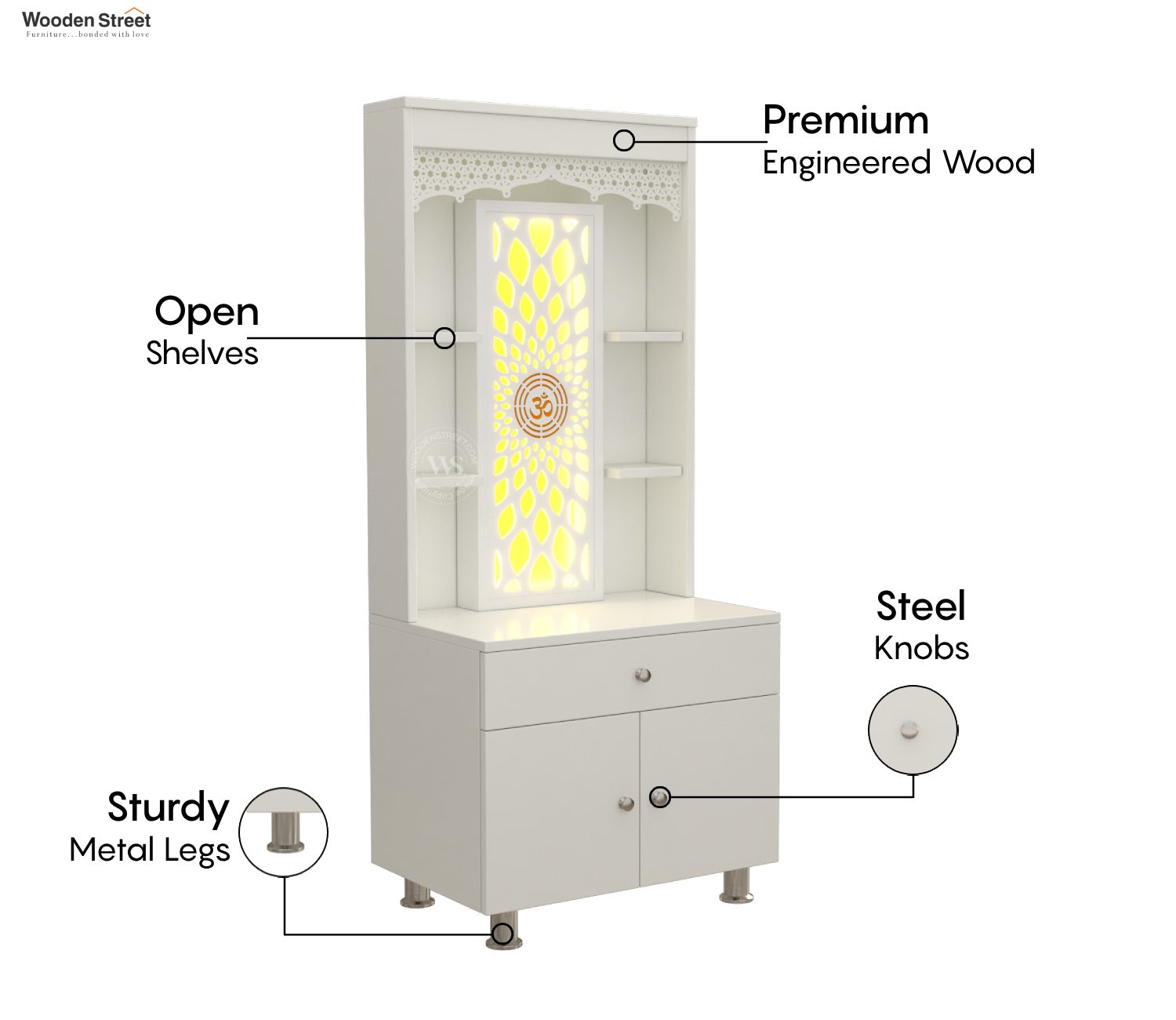 Vidyut Engineered Wood Home Temple With Inbuilt LED Light System (White Finish)