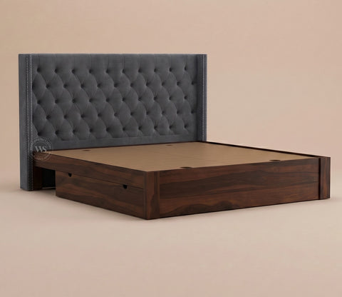 Drewno Sheesham Wood Upholstered Bed With Storage (Queen Size, Graphite Grey)