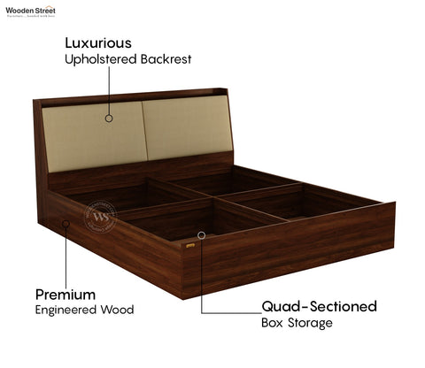 Calmora Engineered Wood Bed with Upholstered Headboard and Spacious Box Storage (Queen Size, Columbian Walnut Finish)