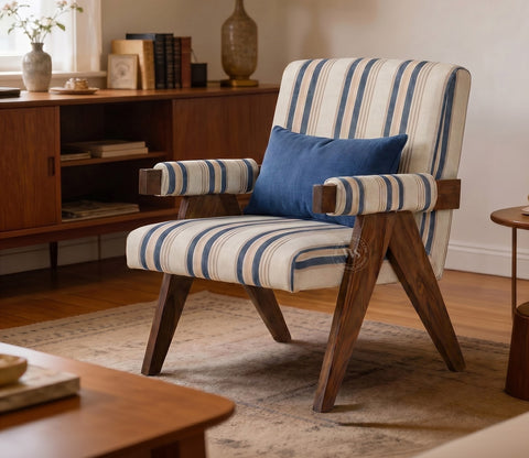 Troupe Sheesham Wood Chandigarh Chair with Premium Upholstery (Blue Stripes, Teak Finish)