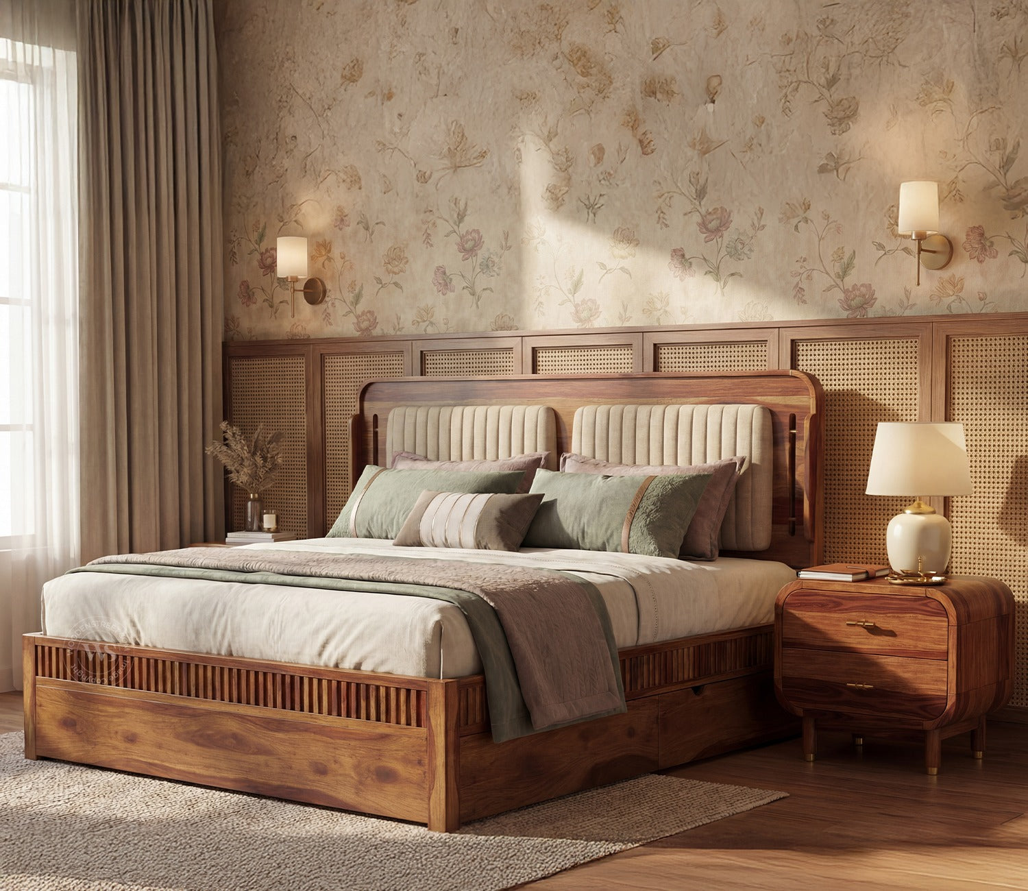 Lotus Premium Sheesham Wood Bed with Drawer Storage (King Size, Teak Finish)