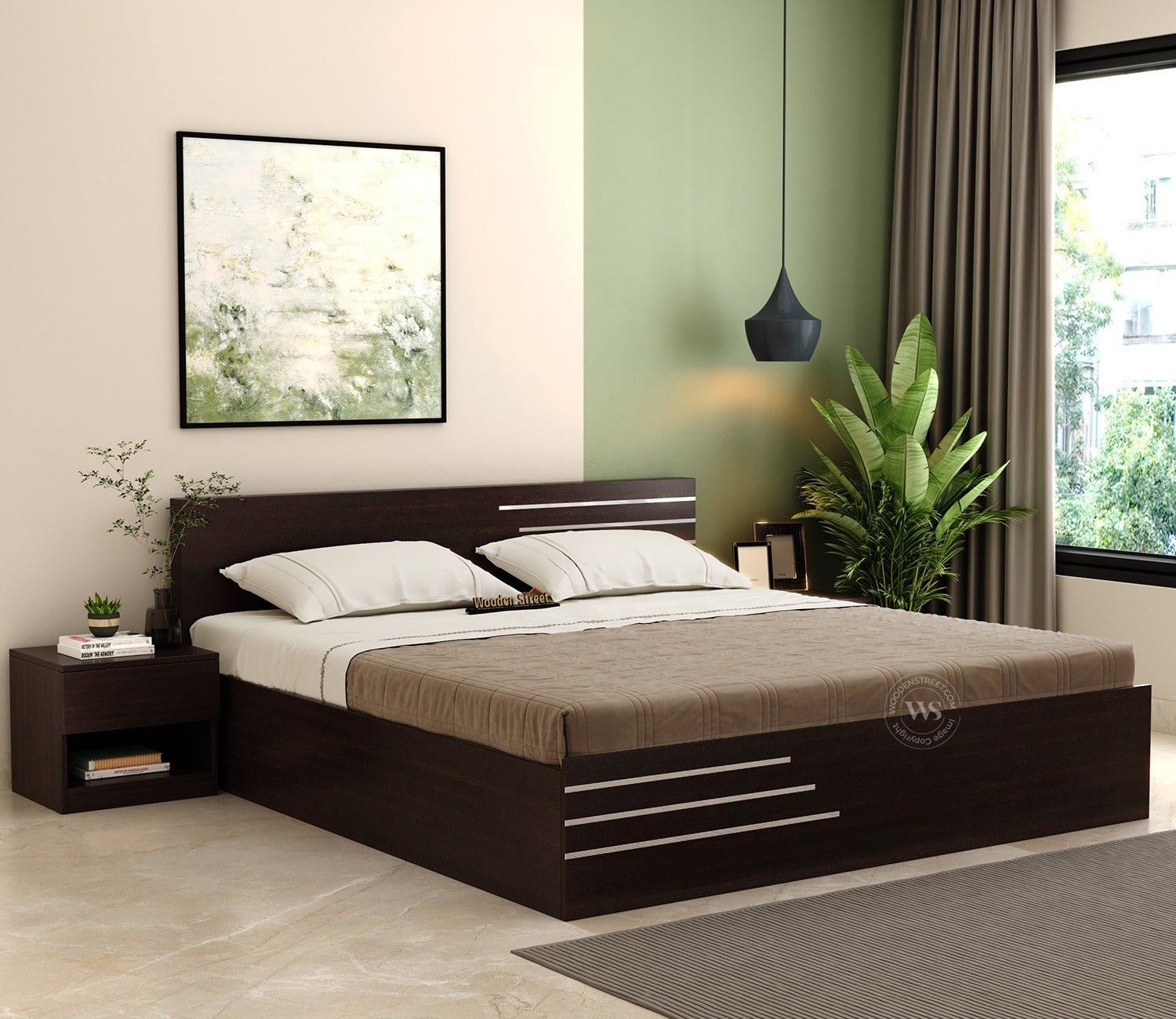 Treaden Premium Engineered Wood Bed With Quad Sectioned Box Storage (Queen Size, Flowery Wenge Finish)