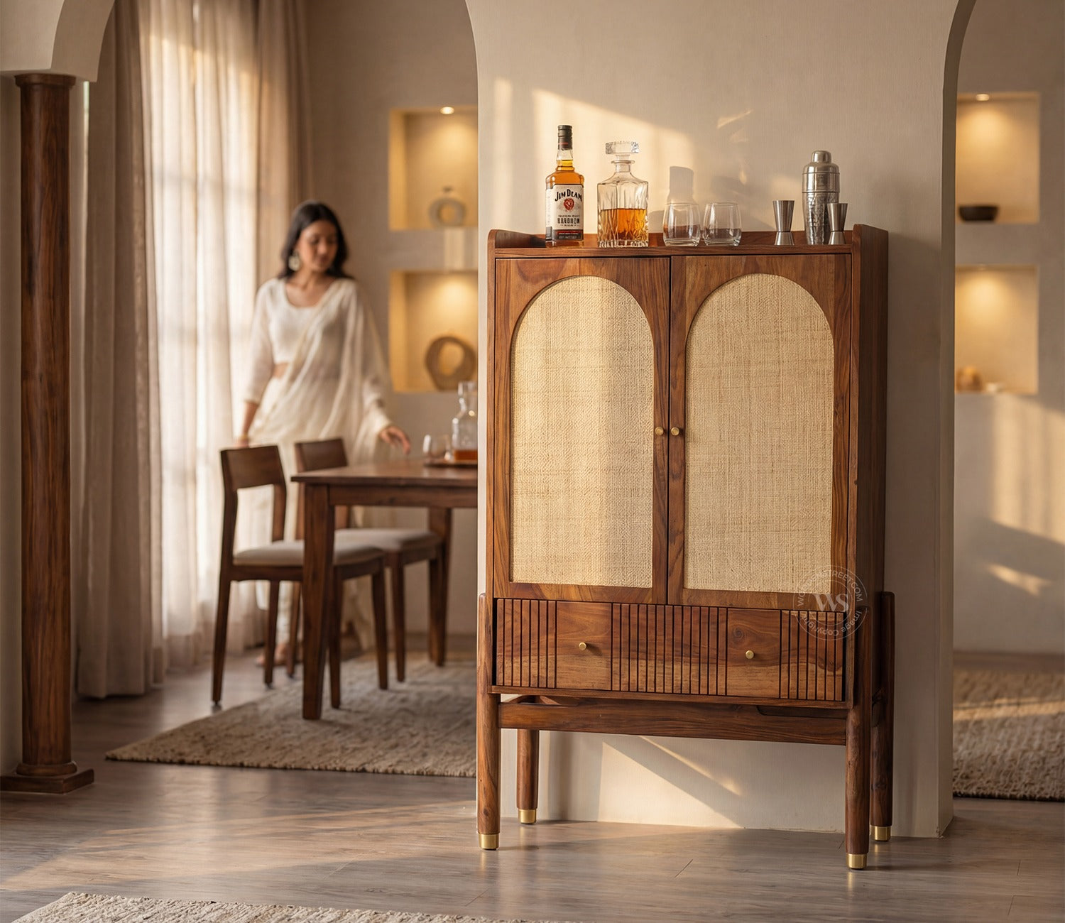 Amodh Sheesham Wood Bar Cabinet with Arched Cane Doors & Brass Handles (Teak Finish)
