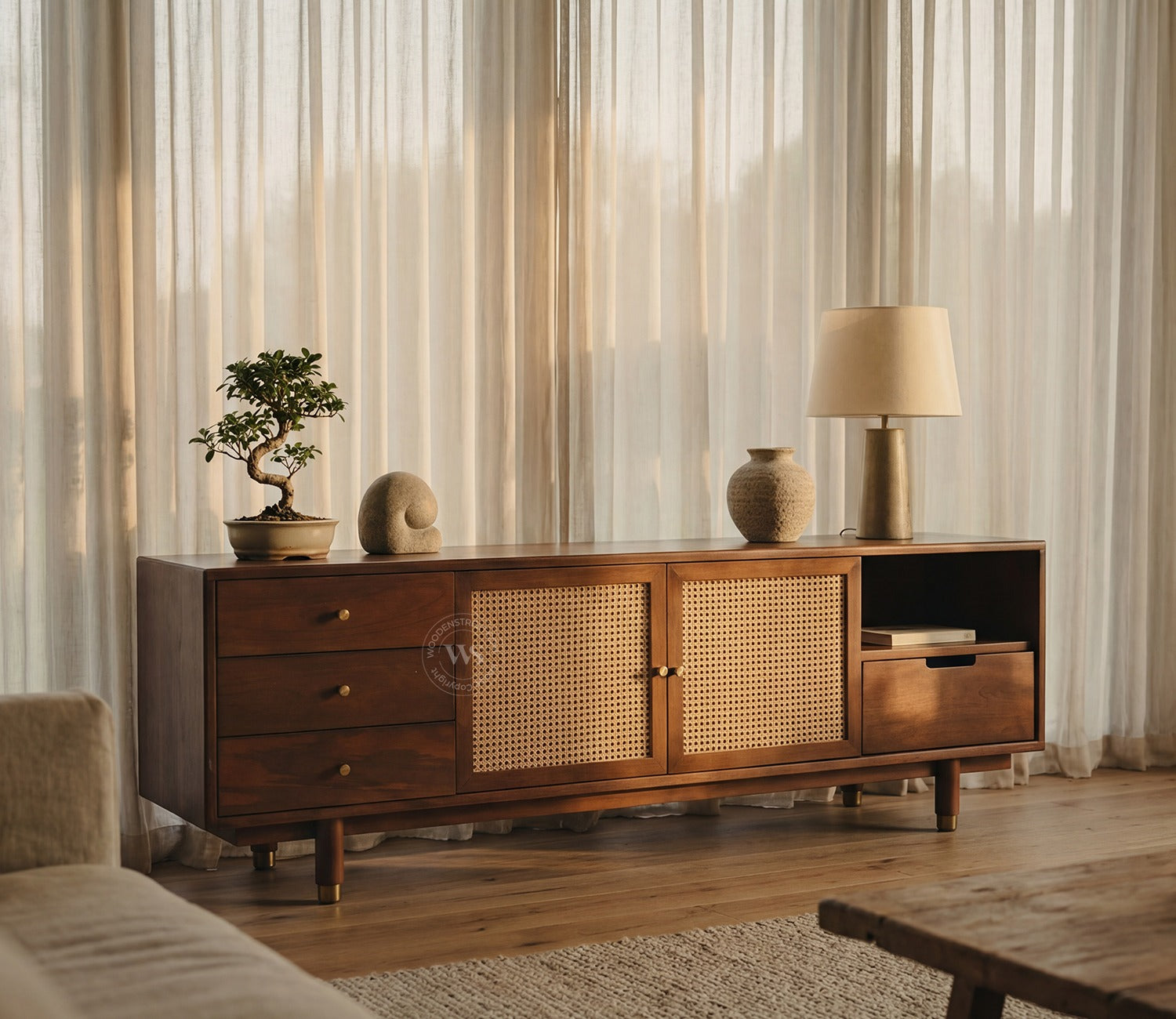 Eka Premium Mango Wood TV Unit with Natural Cane Detailing - Bohemian Contemporary Design (Teak Finish)