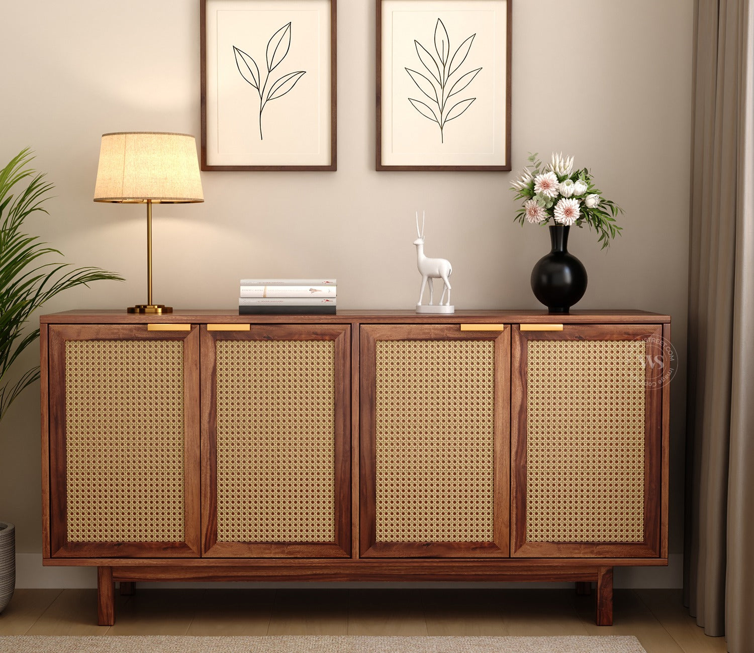 Rivena Solid Wood Cane Cabinet with Storage (Honey Finish)