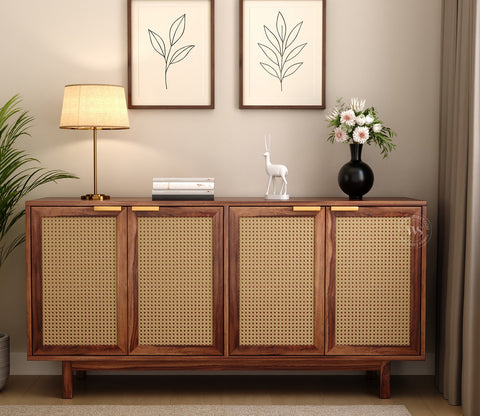 Rivena Solid Wood Cane Cabinet with Storage (Honey Finish)