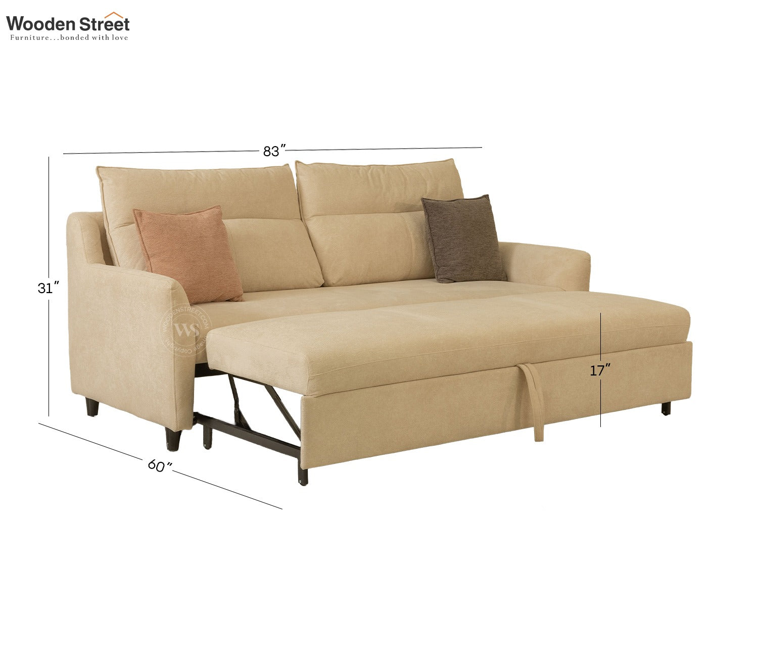 Tevo 3-Seater Sofa Cum Bed | Pull-Out Bed Mechanism | Fabric Upholstery (Off White)