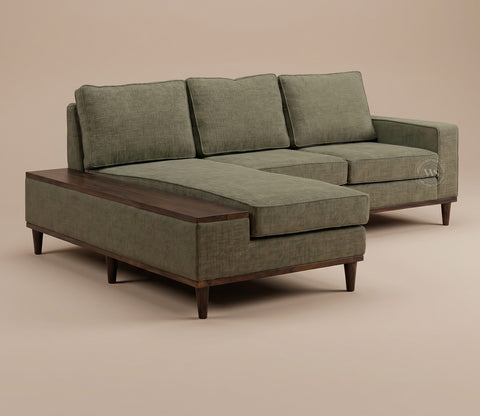 Ashion Premium Left Aligned L Shape Sofa with Built-in Side Wooden Deck (Sage Green)