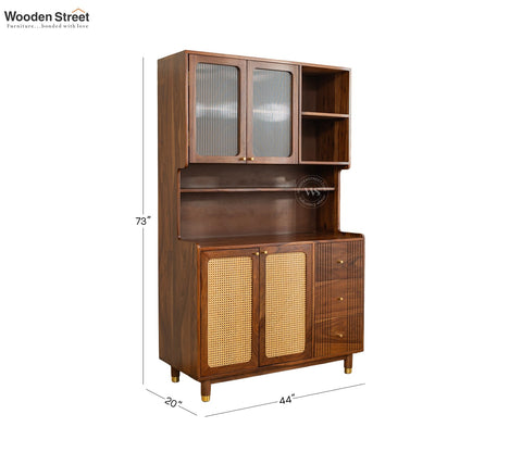 Tripti Classic Kitchen Cabinet with Fluted Glass, Cane Weave & Brass Knobs (Teak Finish)
