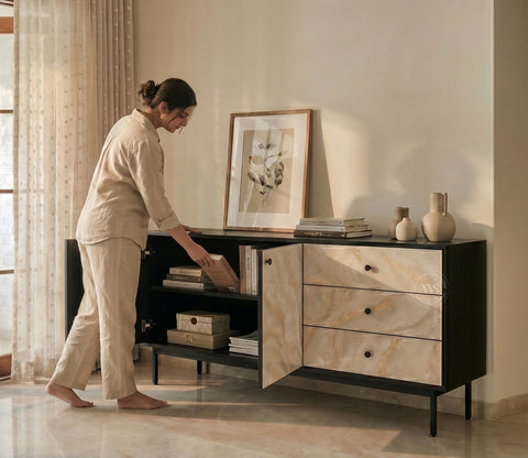 Marbay Modern Black Sideboard & Cabinet with Textured Front & Metal Base (Engineered Wood, Marble Pattern)