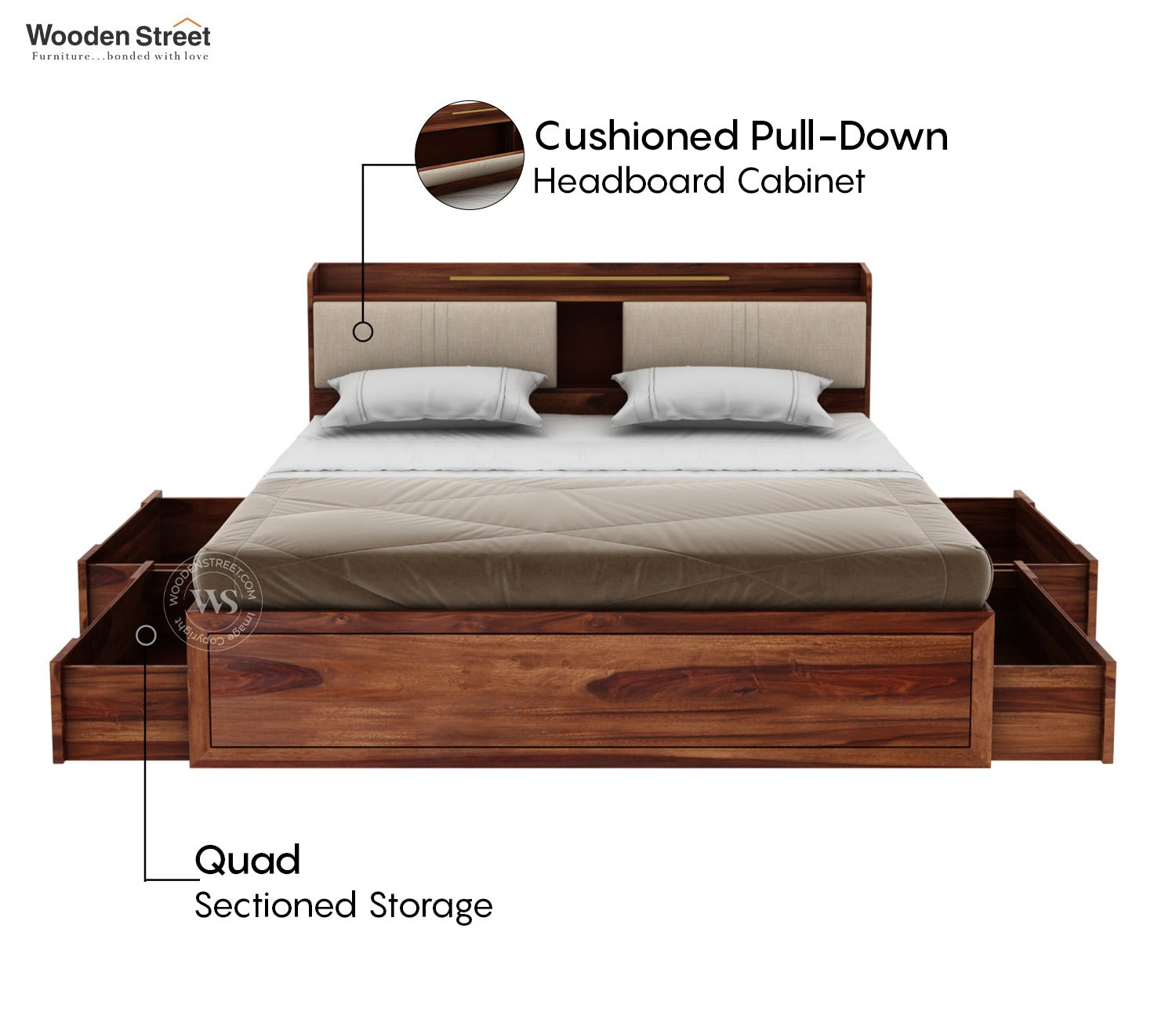 Wildon Premium Sheesham Wood Bed with Cushioned Headboard and Drawer Storage (King Size, Teak Finish)