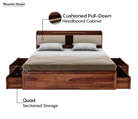 Wildon Premium Sheesham Wood Bed with Cushioned Headboard and Drawer Storage (King Size, Teak Finish)