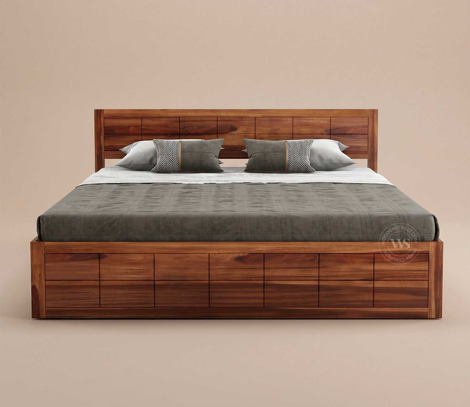 Brixton Sheesham Wood Bed With Box Storage (Queen Size, Honey Finish)
