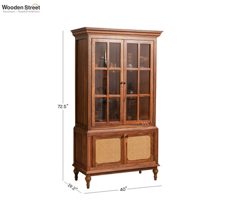 Taksha Sheesham Wood Kitchen Cabinet with Glass Doors & Cane Accent (Teak Finish)