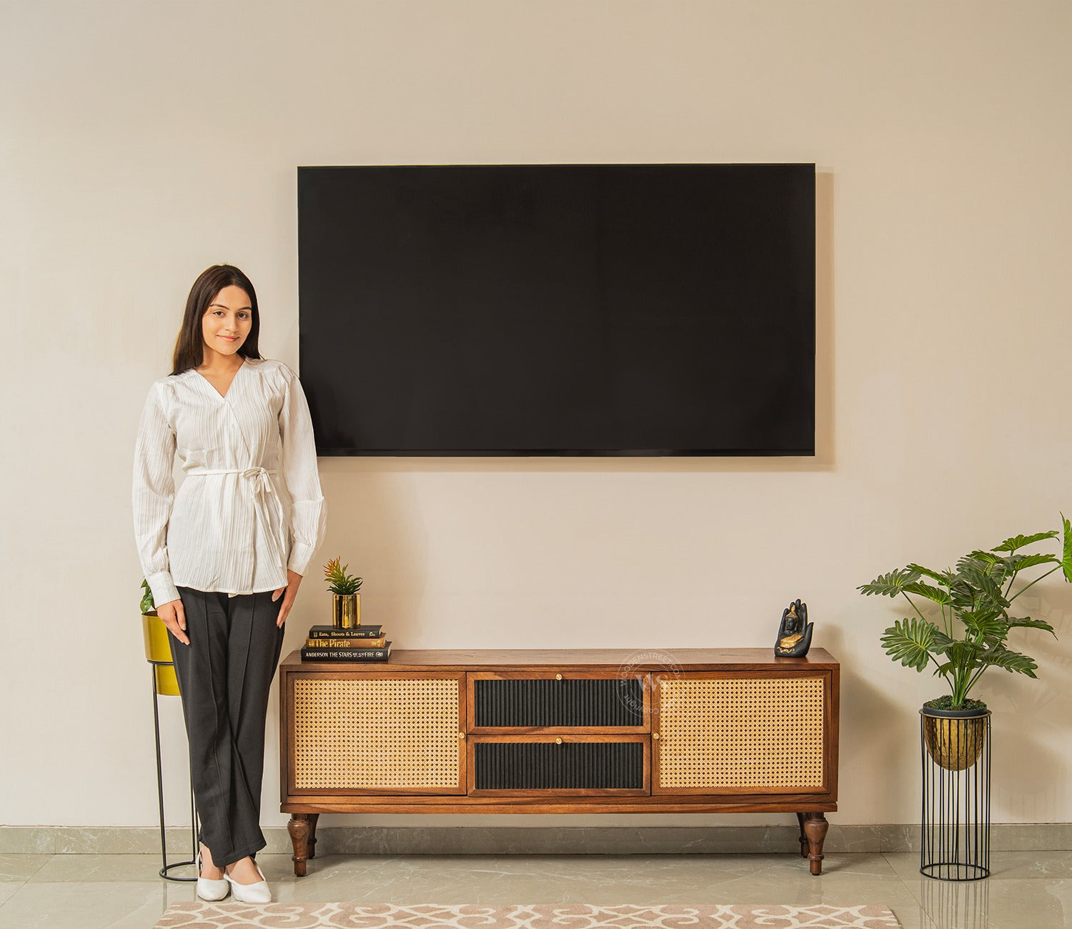 Murphy Premium Solid Wood TV Unit With Drawers, Cane & Brass Accents (Sheesham Wood, Teak Finish)
