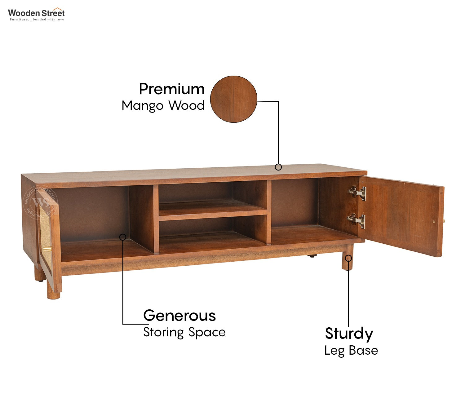 Caneva Premium Solid Wood TV Unit With Door Cabinets (Mango Wood, Teak Finish)
