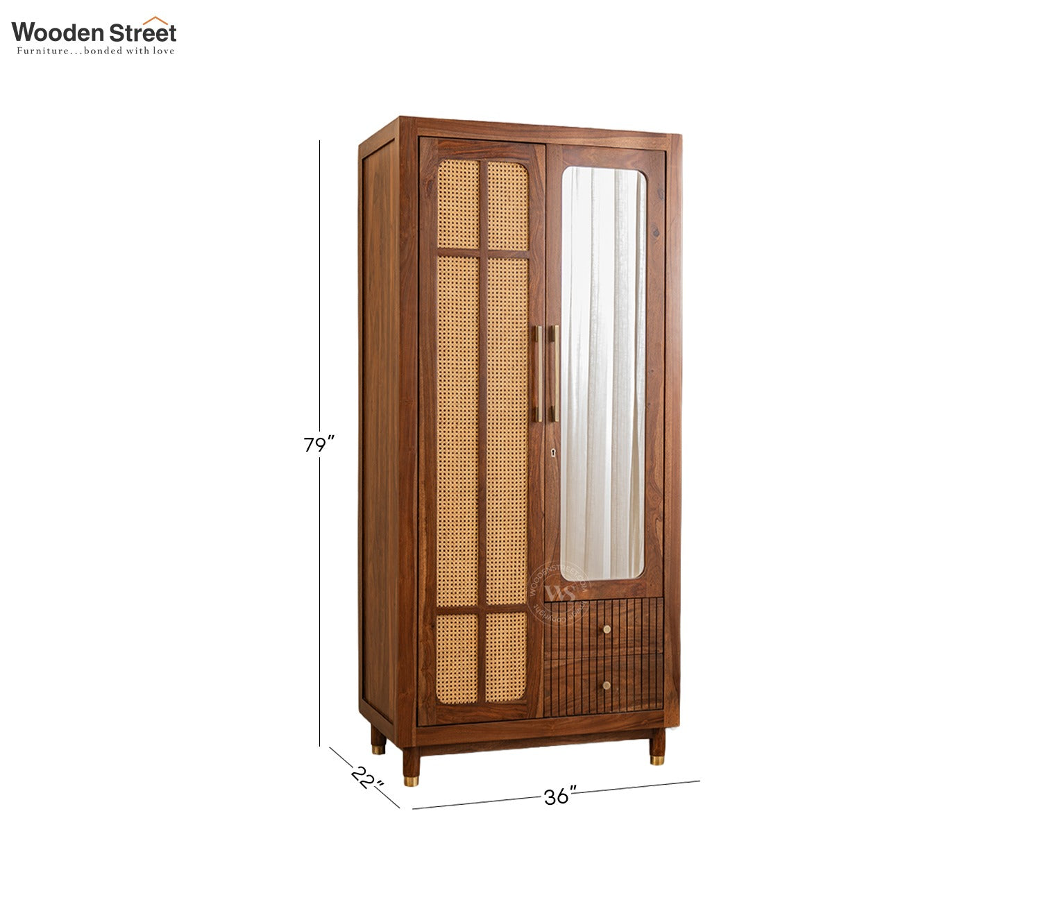 Rida Sheesham Wood Wardrobe with Elegant Cane Detailing and Mirror (Teak Finish)