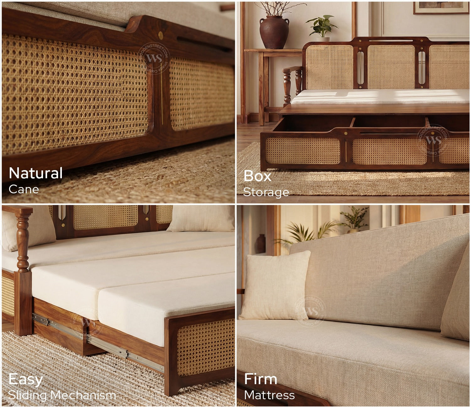 Ayaana Sheesham Wood 3 Seater Sofa Cum Bed with Cane Weaving | Opens to Double Bed (78x62) | Premium Upholstery | Sleeps 2 Adults (Teak Finish, Jade Ivory)