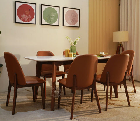 Valence 6 Seater Sheesham Wood Dining Set with Valence Quartz Top Table and Fressia Upholstered Chair (Teak Finish)