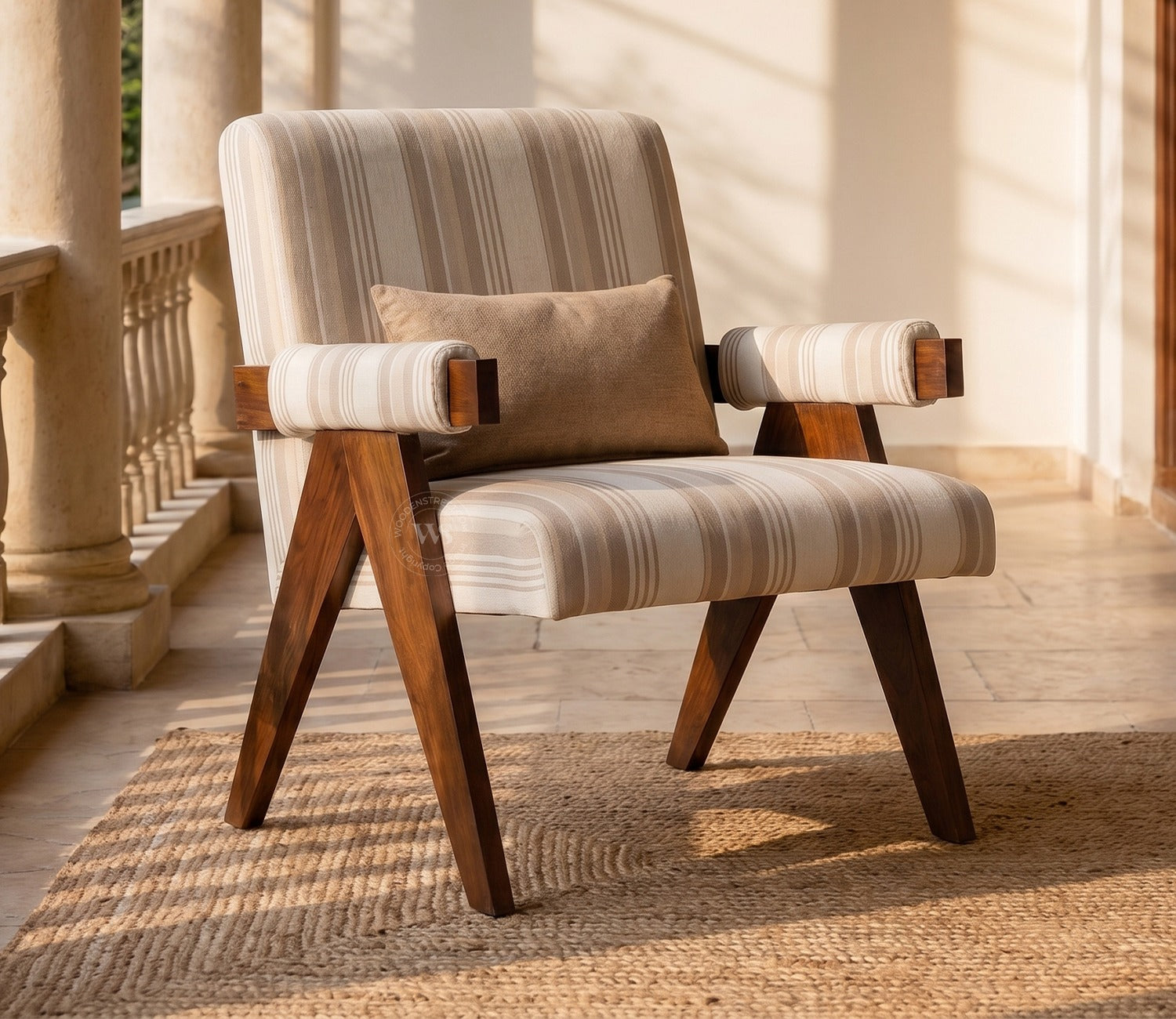 Troupe Sheesham Wood Chandigarh Chair with Premium Upholstery (Cream Stripes, Teak Finish)