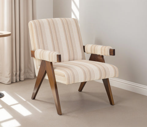 Troupe Sheesham Wood Chandigarh Chair with Premium Upholstery (Cream Stripes, Teak Finish)