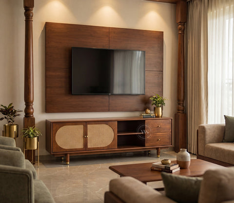 Gyana Premium Solid Wood TV Unit with Cane Panel Cabinet (Mango Wood, Teak Finish)